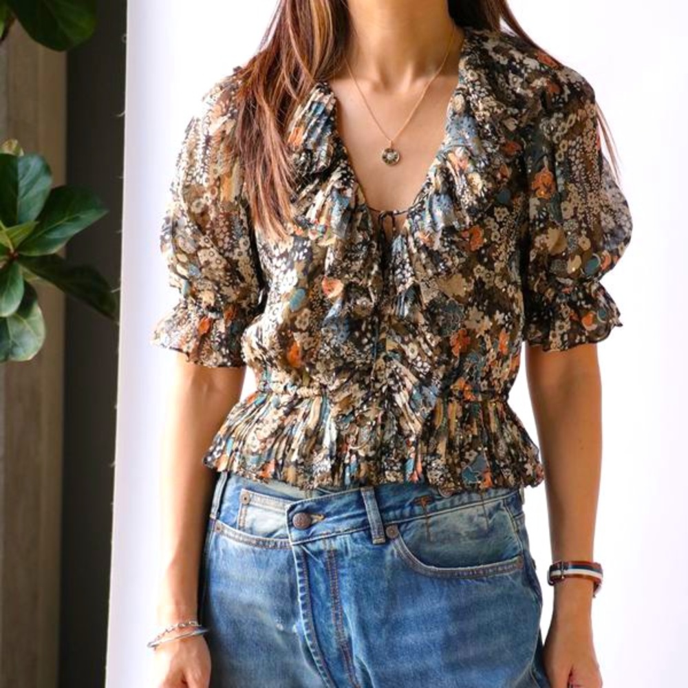 Ulla Johnson Ruby Floral Puff Sleeve Silk & Metallic Top-Night Garden